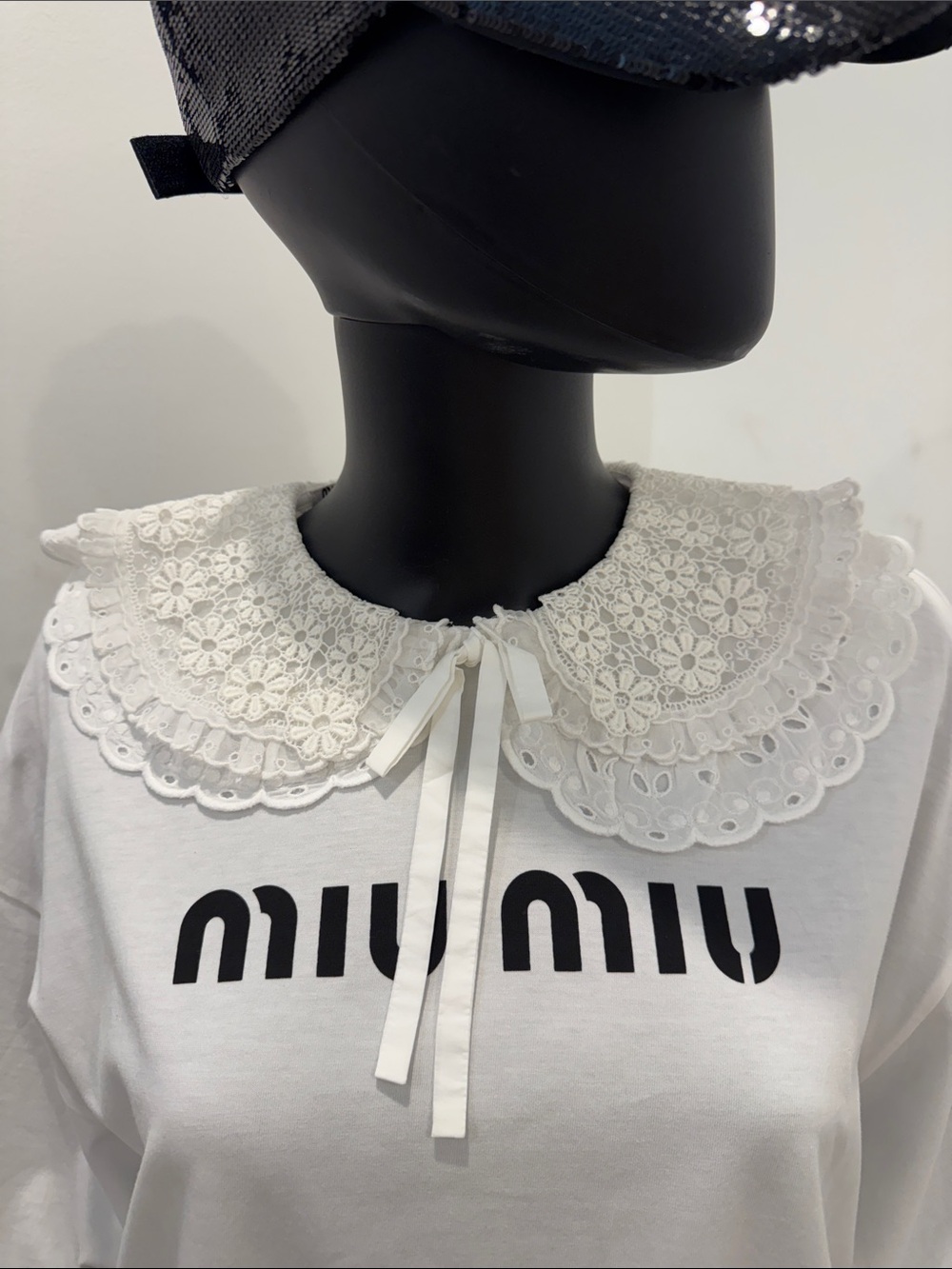 Miu Miu Logo T-Shirt with Lace Collar White | Embroidered Peter Pan Collar S NEW